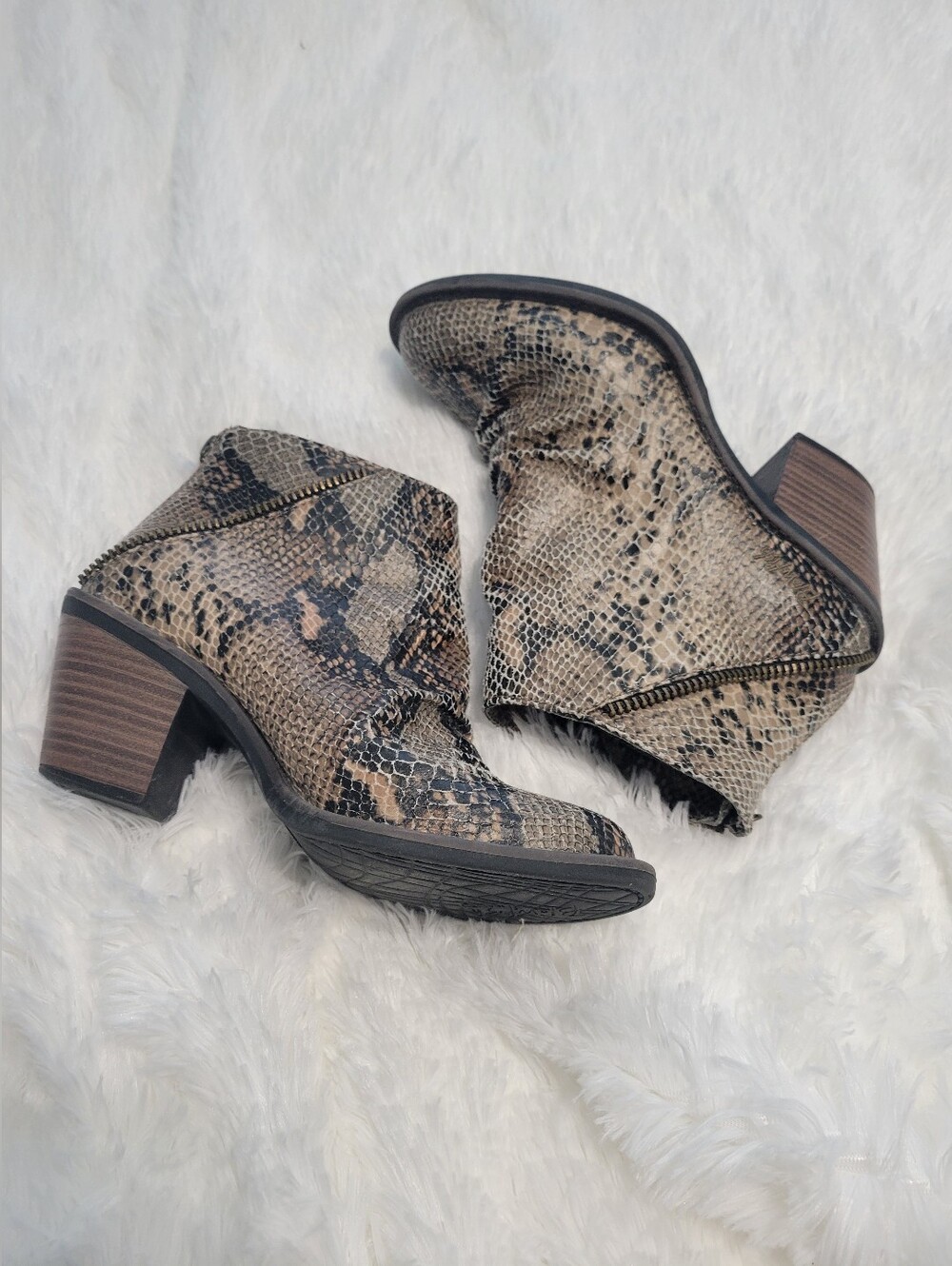 Women’s, Snake-Print Ankle Boots, Size 8, Faux Snakeskin, Blowfish Malibu